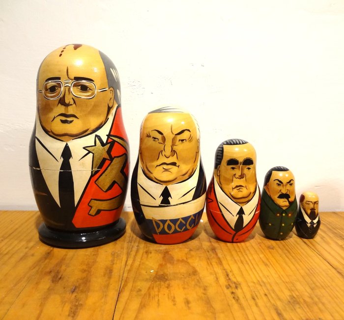 Vintage Russian Matryoshka. z twarzami prezydentów - 5 - Drewno