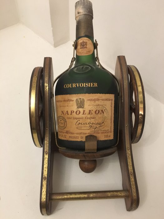 Courvoisier Napoléon cognac bottle on Wooden canon with wheels (Tokyo Customer stamp Sept-6-75)