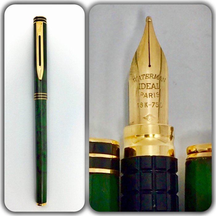 Vintage - 18K Gold Nib - WATERMAN Centurion Fountain Pen, Green Marble - France 