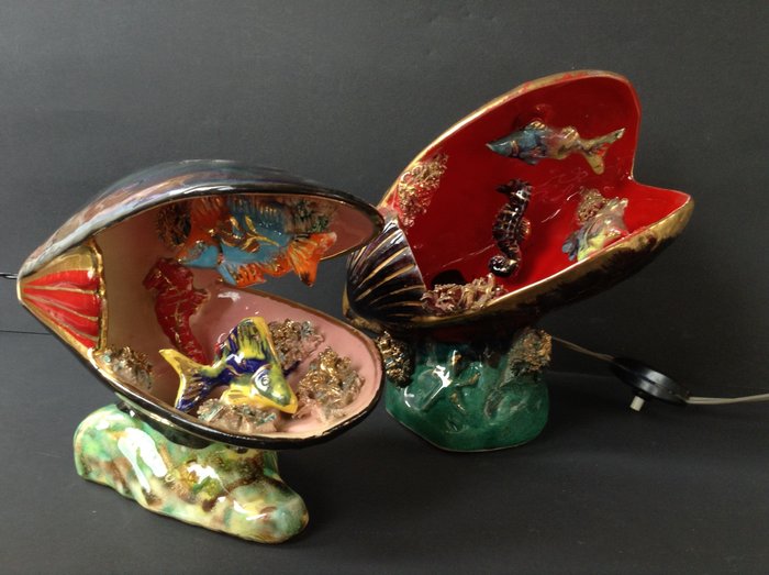 Vallauris - 2 lămpi decorative de birou decorative din ceramică - (Franța, 1950-1960) - pește, coral, coajă, ocean