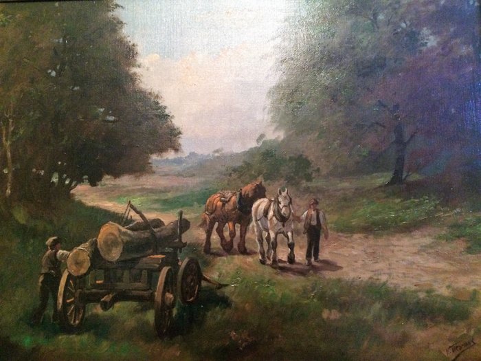 V. Vromans (20e eeuw) - Landschap met hout vestende boeren en paardenspan