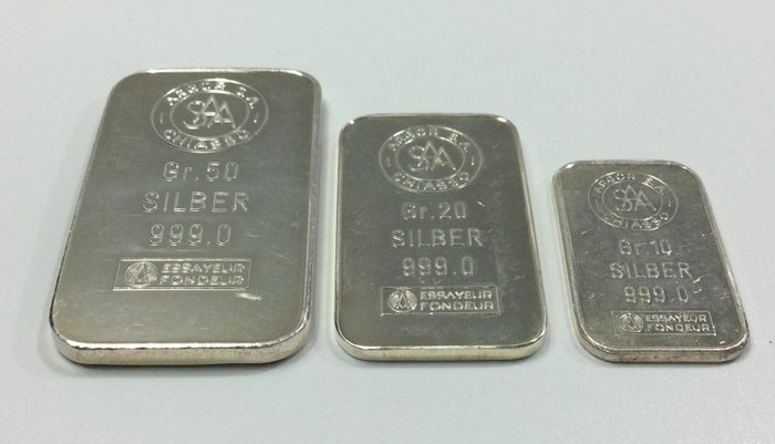 Argor S.A. Chiasso - 10 grams + 20 grams + 50 grams - 999/1000 - Minted silver bars