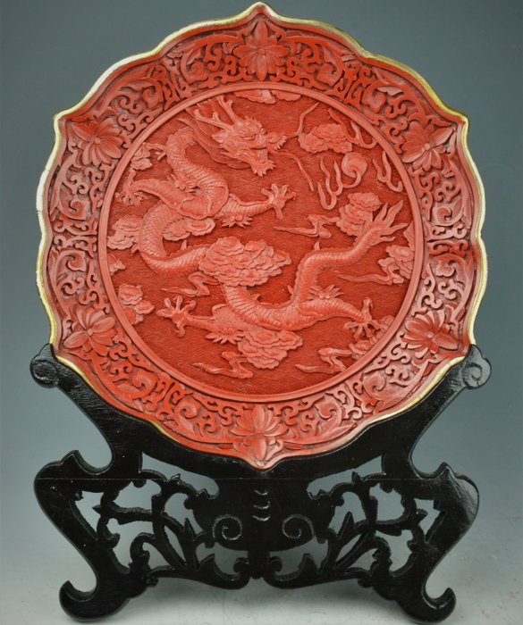 Chinese Classical Traditional Folk Carved Cinnabar Lacquer dragon phoenix plate 