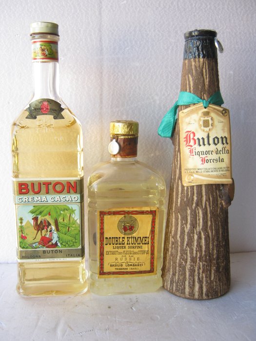 3 great spirits of the 1950s. Buton Crema Cacao, Basilio Lombardi Double Kummel & Buton liquore della foresta