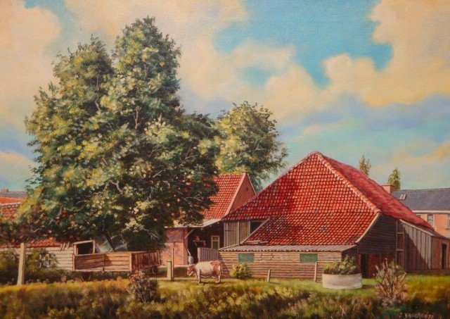 Joseph Brocken (1917-1994) - Zonnig zomers Hollands boerderij erf 
