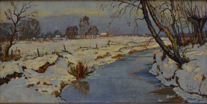 J. Meijer, (20e eeuw) Naar Johan Meyer - Kanaal in de winter, dorpje op de achtergrond