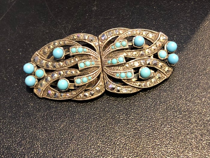 Art Deco French signed Depose turquoise set brooch duette clip