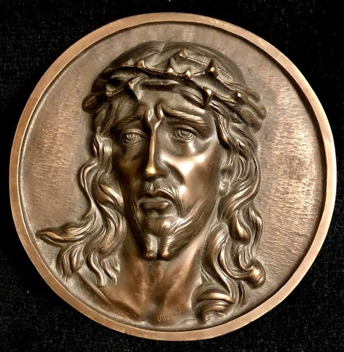M. Thomas  - Relief plaque Jesus Christ with Crown of Thorns  - Bronze - ca. 1900