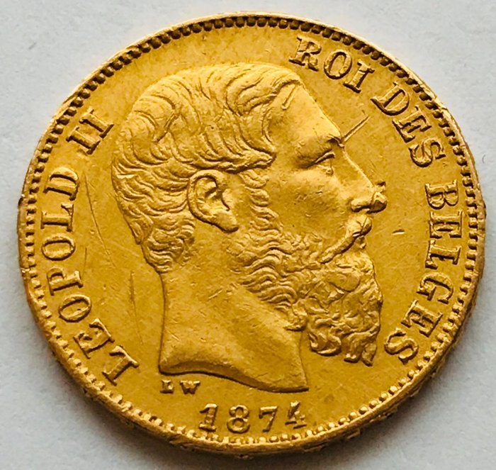 Belgia - 20 Francs 1874 Leopold II - Kulta
