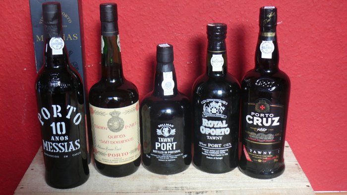 Port Wine: 10 years old Tawny Port - Messias & Tawny Port - Ramos Pinto "Quinta San Domingos" & Tawny Port - Bellman & Tawny Port - Royal Oporto & Tawny Port - Porto Cruz - 5 bottles in total
