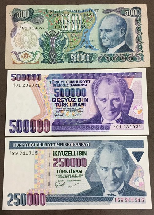 Tyrkia - 500, 250.000 and 500.000 Lira L.1970 - Pick 190a, 211 and 212