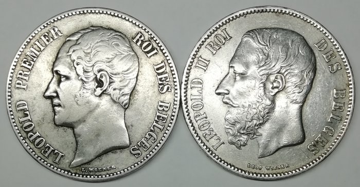 比利時 - 5  Francs 1850 Leopold I & 5 Francs 1869 Leopold II - 銀