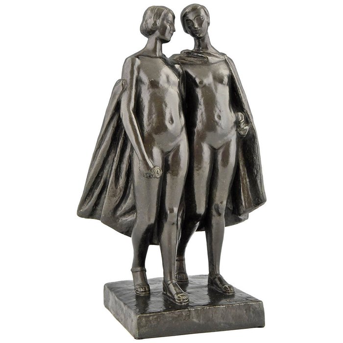 Pierre Lenoir (1879-1953) - Sculpture Art Déco deux femmes nues avec manteau