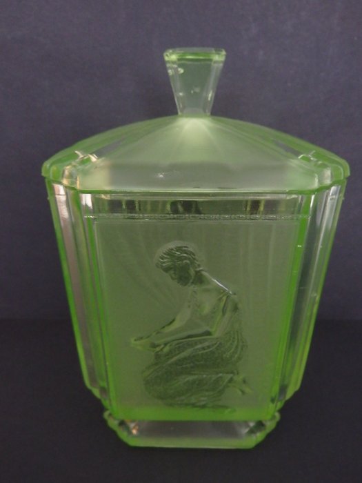 Sowerby - 装饰艺术铀绿色玻璃瓶子潘多拉的盒子