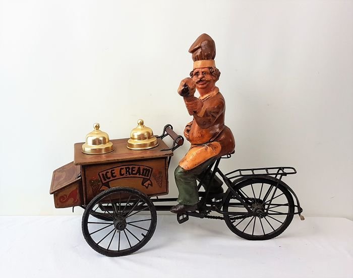 nostalgic old wooden ice cream cart with bicycle and doll - Wood / metal