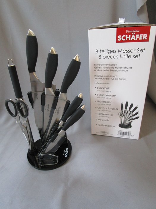 Besteckhaus Schäfer  Deutschland  - Quality Knife Set - 8 pieces with plexi stand - unused - in original packaging - stainless steel blades