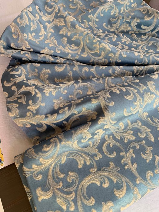 優雅的錦緞面料San Leucio，路易十六風格 - 棉 - 綢緞 - 5.20 x 2.90錦緞面料米 - 天藍色