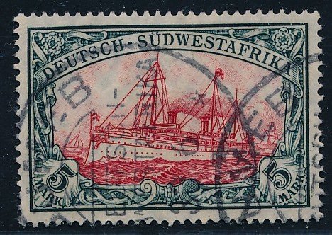 German Colonies - Southwest Africa 1906 - ‘Kaiseryacht’ 5 marks, carmine, with watermark - Michel No 32 Ab