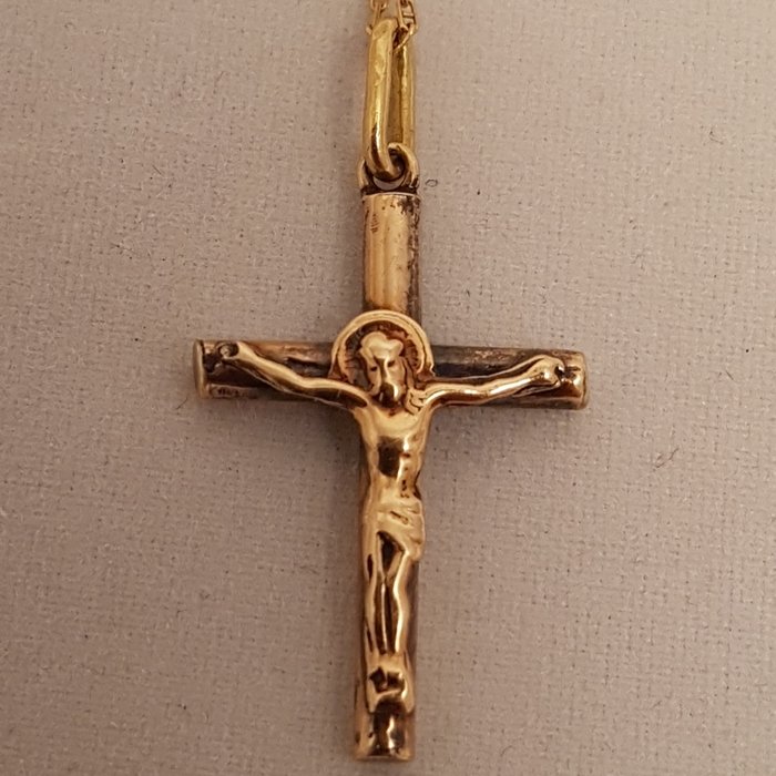Antique gold crucifix pendant + necklace - .585 (14 kt) gold - 18th century