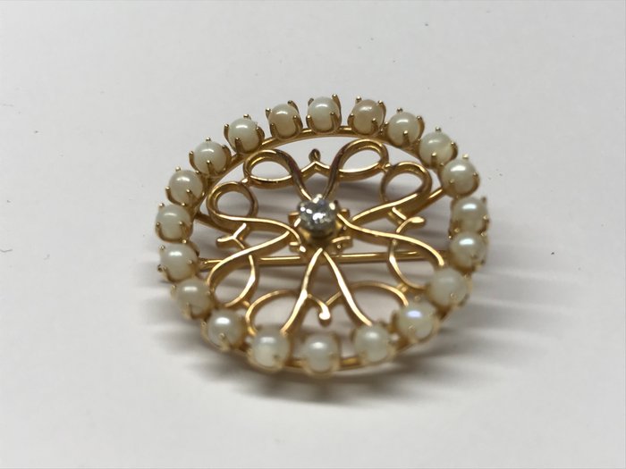 AVON - 胸針 - 金色 - 0.1 ct - 鉆石 和 珍珠