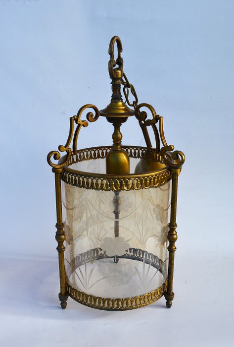 Lustre lanterne - années 50 - Laiton, Verre