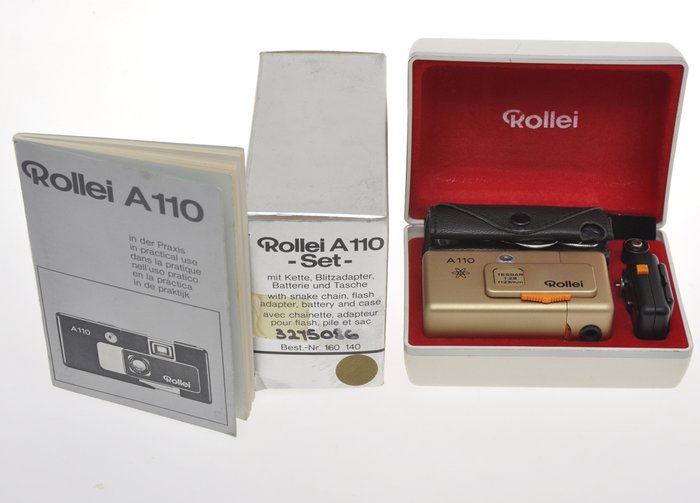 Rollei, very rare gold colored Rollei A110 Atom  with case, box.....