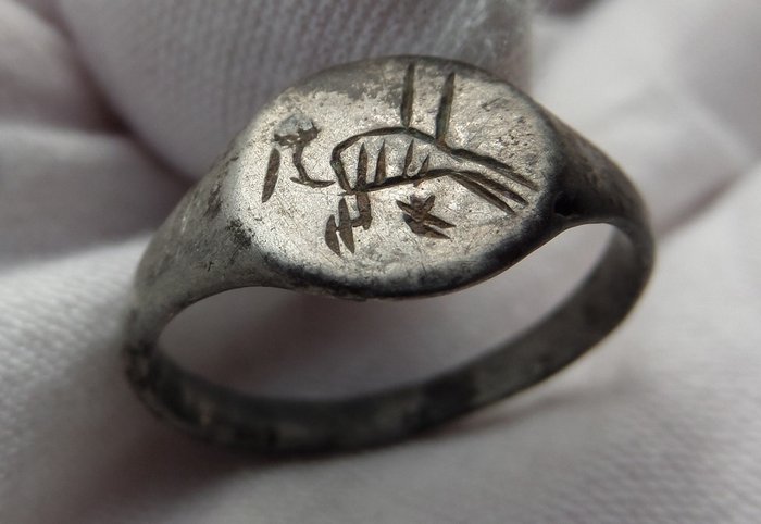 Early medieval Silver Viking ring with engraved stylistic Raven of Odin