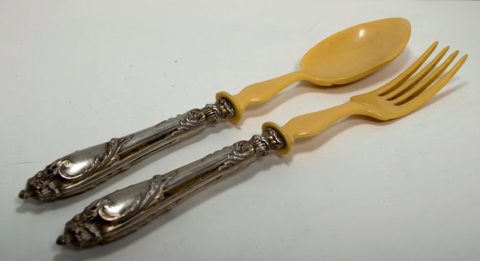 Antique salad cutlery in 800 silver - Set of 2 - Ivory paste - Italy - 1900-1949