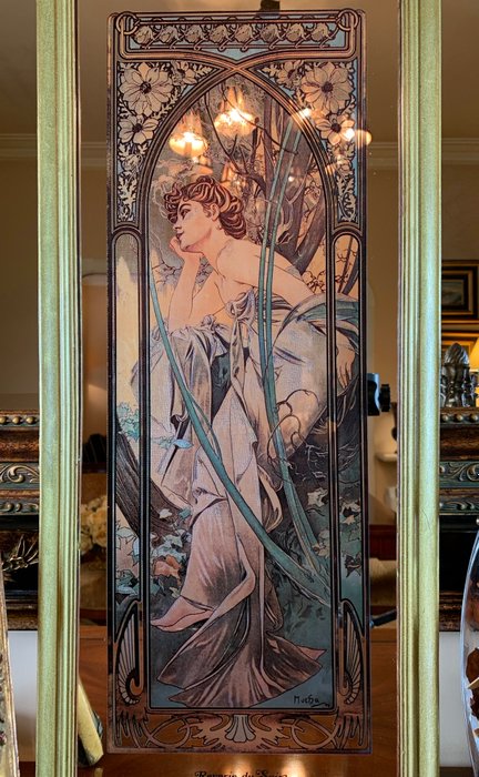 "Reverie du Soir" wall mirror by Alphonse Mucha - Golden wooden framed
