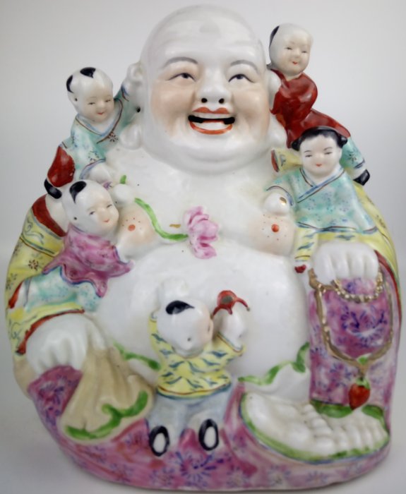 Laughing Buddha Hotei with Children Hand-Painted Porcelain Famille Rose Statue - China - 2nd half 20th century 
