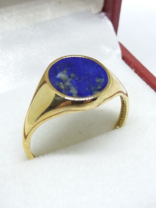 Lapis Lazuli Mænds Signet Ring - 9 k gul guld - Naturlig (ubehandlet) - Lapis lazuli