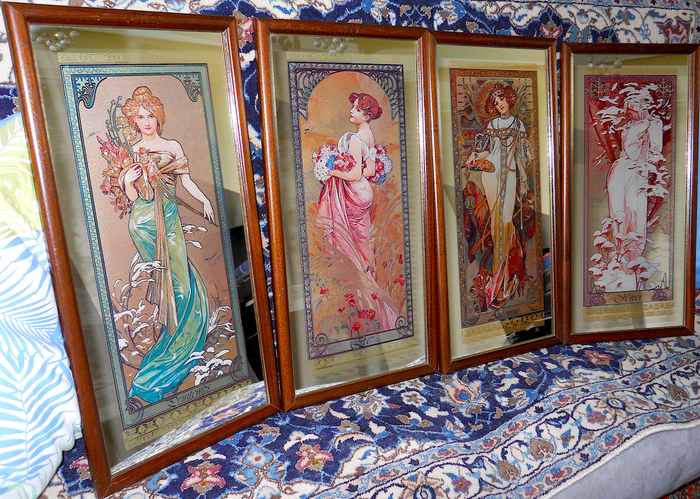 les quatre saisons inspiré d' Alphonse Mucha - miroirs muraux - Collection complète de 4 - Miroir avec cadre en bois