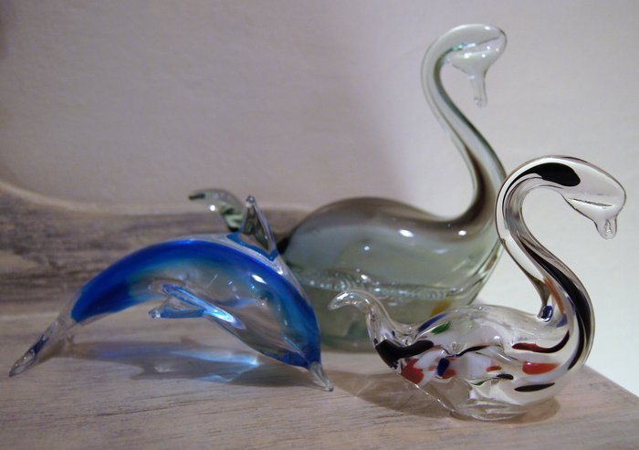 Murano - Figuren Murano Vintage Schwäne und Delphin - Glas