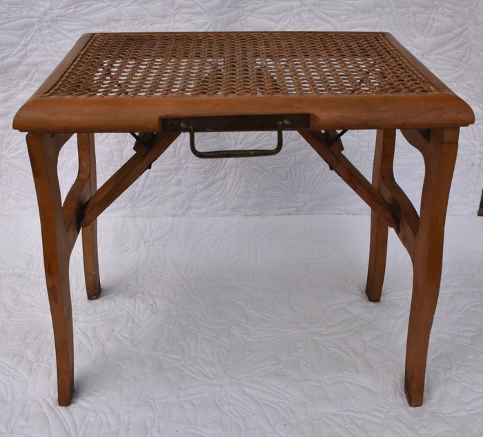 Old fisherman's/traveller's folding stool in old style wood and caning