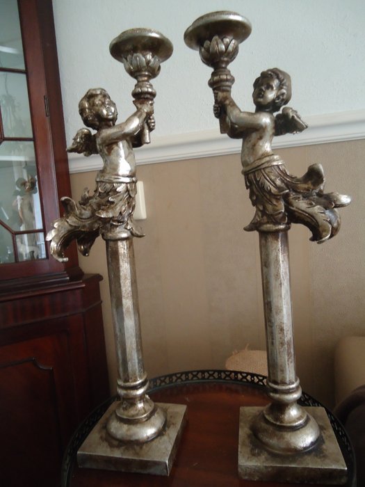 Candelabros con ángeles barroco plata aspecto antiguo. - 2 - madera de resina