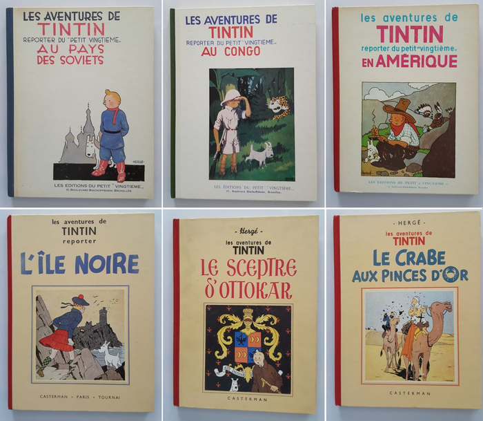 Tintin T1 + T2 + T3 + T7 + T8 + T9 - 6 fac-similé noir et blanc (grand format) - Cartonee (1981-1989)