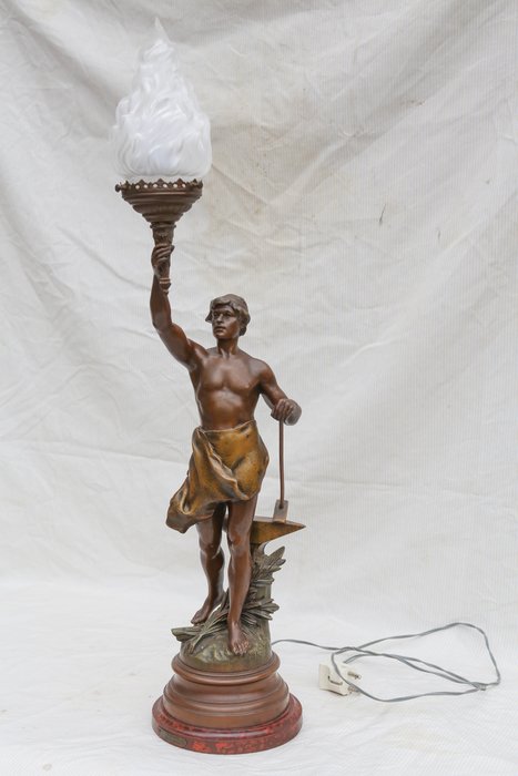 Charles Theodore Perron - large sculpture beeldhouder als lamp - Le Travail - verbronsd zamak - 1862-1880