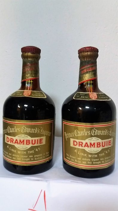 Drambuie Liqueur. Old Bottles. x2 - "A link with the 1745" - bottled 1960s-70s
