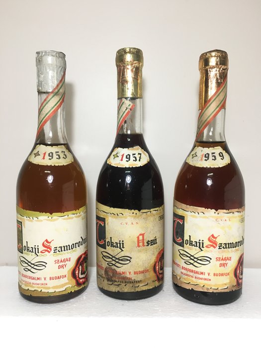 Tokaji - C.V.A.S.: 1953 Tokaji Szamorodni 'Dry' Szaraz & 1957 Tokaji Aszu & 1959 Tokaji Szamorodni 'Dry' Szaraz - 3 bottles (50cl) in total