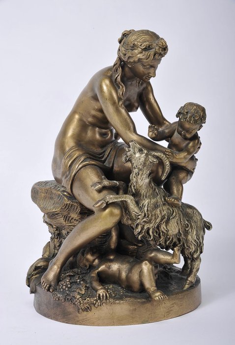 Antonio Maria Ribeiro (1889-1962) - 雕塑组的Adrasteia和山羊Amaltheia - 黄铜色 - 20世纪上半叶