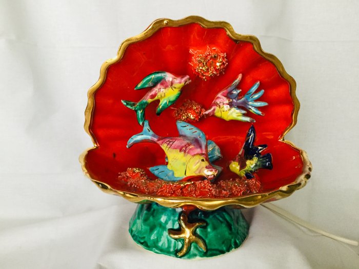 vallauris , vintage  - ceramiczna lampa atmosferyczna - Piękna kolorowa skorupa z ryba