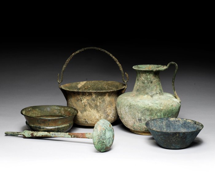 Ancient Roman Bronze three roman bronze vessels, ladle and persian bowl - (5)
