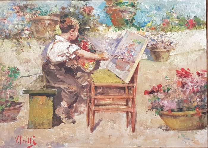Vincenzo Irolli (1860-1949) - Giovane pittore in terrazzo