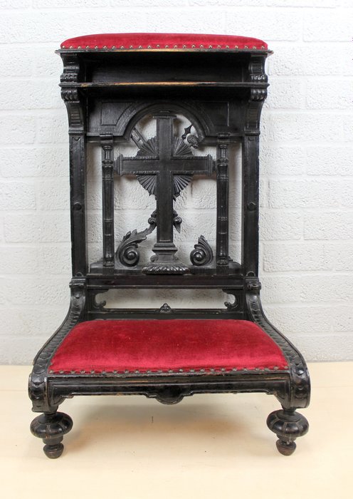 Antique blackened wooden prayer chair with velvet - oak with upholstery - mid 19th century