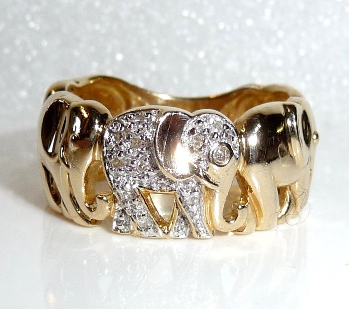 Meistermarke punziert - Δαχτυλίδι, με ελέφαντες παντού - Χρυσός - 0.11 ct - Διαμάντι