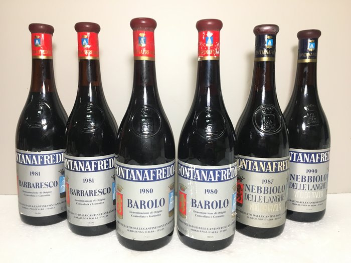 Fontanafredda : 1980 x2 Barolo, 1981 x2 Barbaresco, 1987, 1990 Nebbiolo  - 6 Flaske (0.75L)