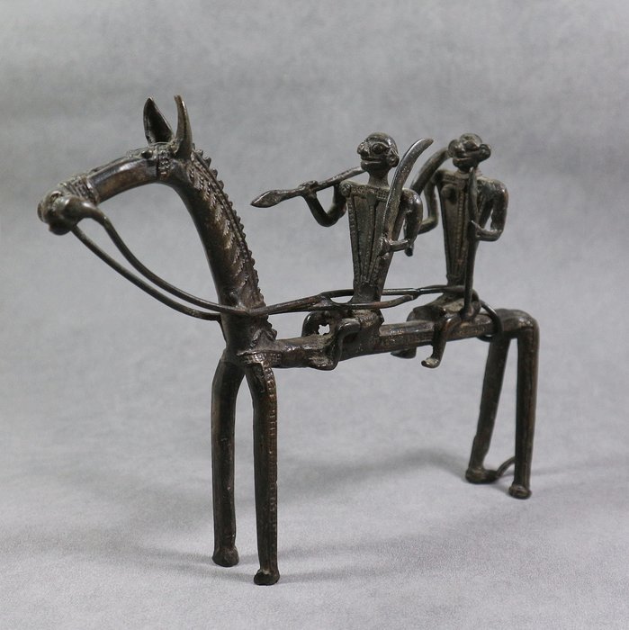 Dhokra bronze horse with warriors - India - circa 1900