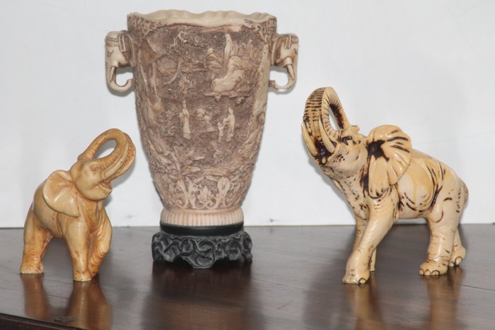 象牙樹脂裝飾花瓶和2頭大象 (3) - 樹脂/聚酯