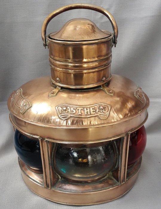 有原始的油灯的古色古香的船灯笼 - 黄铜/铜 - 20世纪上半叶