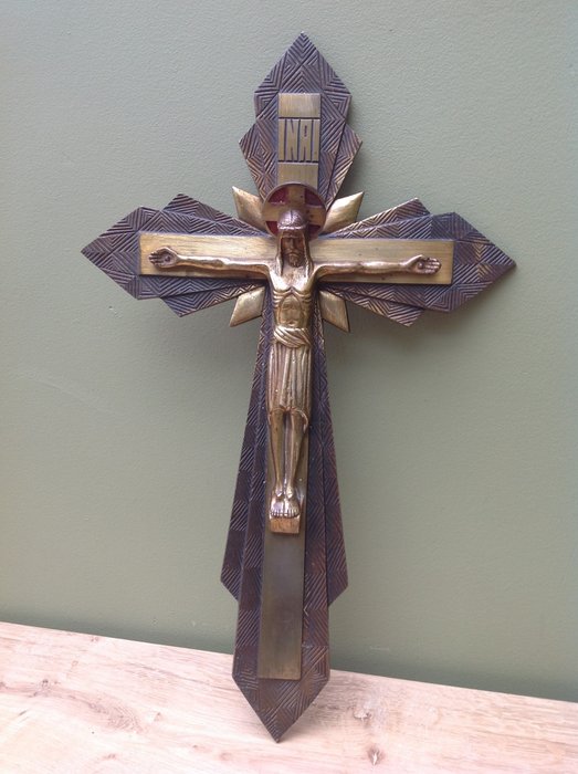 Sublime large Art Deco crucifix in bronze-France-around 1925
